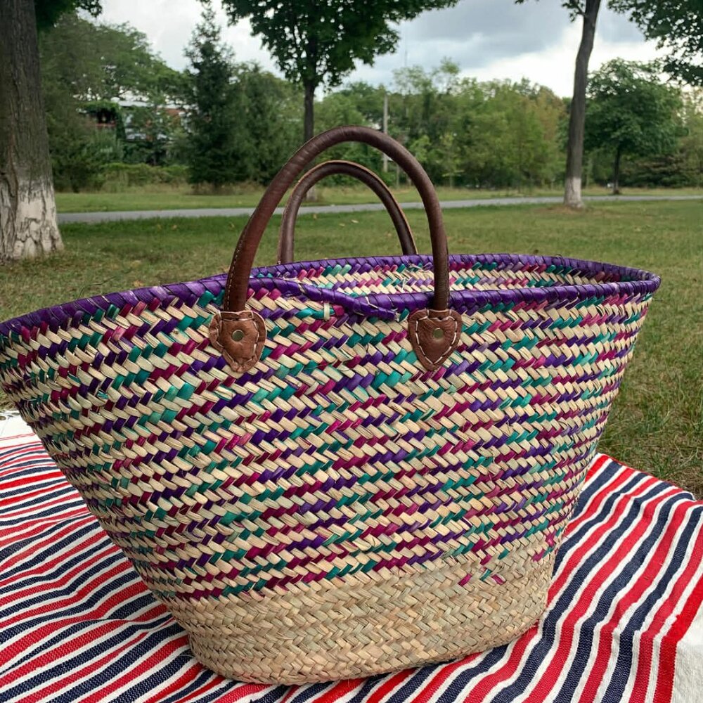 NWT french basket genuine leather straps -moroccan basket - woven bag -  bag XL - Picture 5 of 6